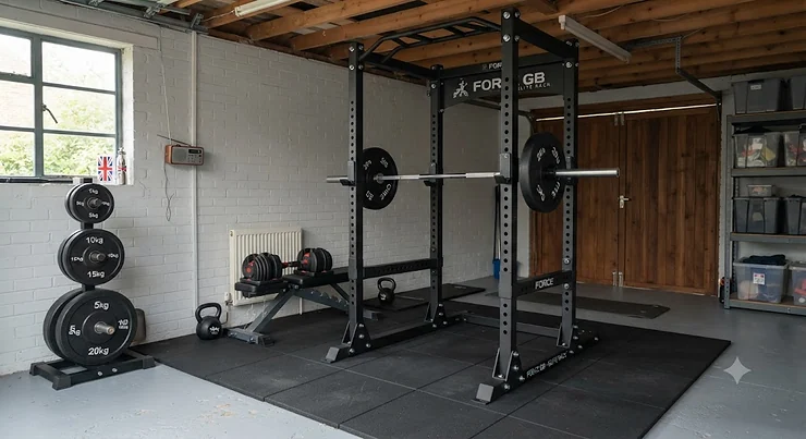 A heavy-duty power rack set up inside a British home garage gym, featuring a barbell and weight plates ready for a workout. power rack for garage gym