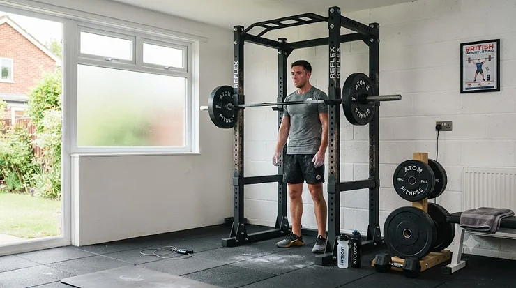 A heavy-duty power rack for a home gym set up in a UK garage, featuring a pull-up bar and safety spotter arms. power rack for home gym