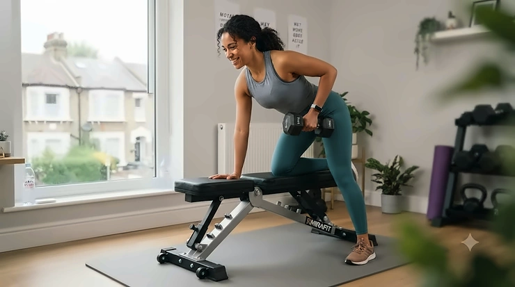 Beginner lifting weights on a sturdy flat-to-incline weight bench in a home gym setting. weight bench for beginners