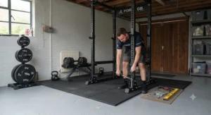 A wall-mounted folding power rack tightly stored against a garage wall to maximise space in a compact UK home gym.