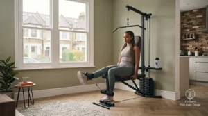 User demonstrating leg extensions and curls using the attachment components of a compact multi gym for small spaces.