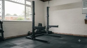 Space-saving half rack for a home gym showing its compact footprint against a wall in a spare bedroom fitness space