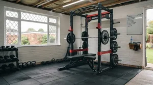 Fully equipped British home gym featuring a half rack, rubber flooring, and free weights ready for strength workouts