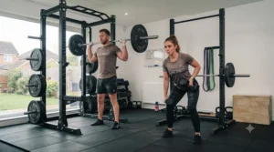 Lifter performing strength training exercises inside a home gym rack