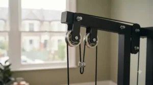 Detailed view of the dual pulley cable system and smooth-glide bearings featured on a compact multi gym for small spaces.