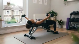 Fitness enthusiast performing dumbbell flyes on an adjustable training bench.