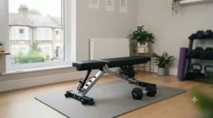 Beginner-friendly flat weight bench positioned in a well-lit home fitness room.