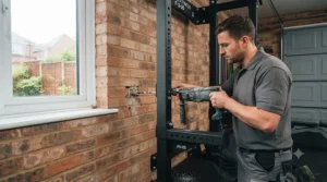 A folding wall-mounted power rack neatly stored against a wall to maximise floor space in a small UK room.