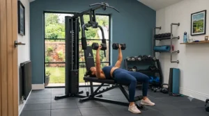 Athlete performing a lat pulldown exercise on an all-in-one gym station for home fitness routines.
