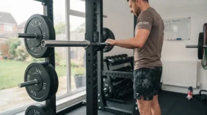 Heavy-duty full power rack set up for squats and bench press in a British fitness studio