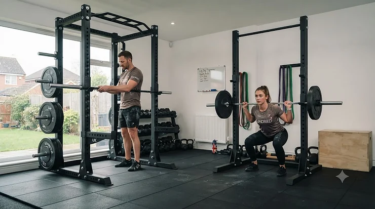Comparison of a full power rack vs half rack in a home gym, showing space-saving options for UK workouts full power rack vs half rack