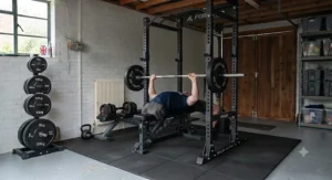 A complete garage gym layout featuring a power rack, an adjustable utility bench, and a barbell loaded for squats.