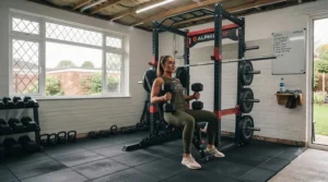 Half rack for a home gym paired with an adjustable flat-to-incline workout bench for bench pressing exercises