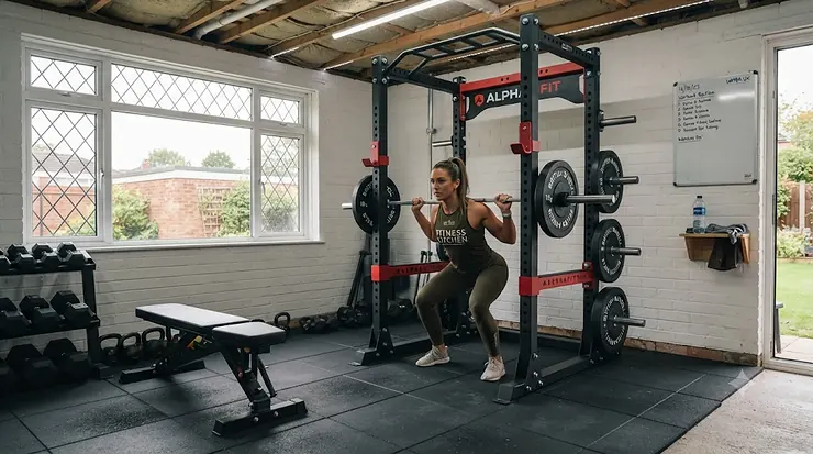 A sturdy half rack for a home gym installed in a British garage, set up with an Olympic barbell and weight plates ready for a workout half rack for home gym