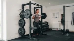 Compact half rack installed in a small garage gym to maximise floor space