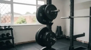 Integrated weight plate storage pegs on the rear of a half rack for a home gym keeping bumper plates neatly organised