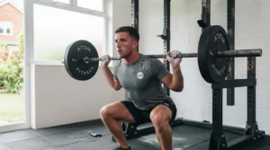 Lifter performing heavy barbell squats safely inside a robust home gym power rack.