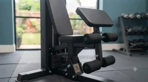 Detachable preacher curl and leg extension attachments on an all-in-one gym station for home exercise versatility.