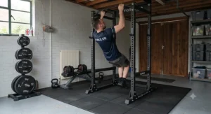 An athlete performing a pull-up on a multi-grip pull-up bar attached to the top of a garage gym power cage.