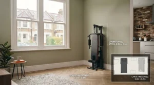 Technical floor plan overlay demonstrating the minimal footprint requirements for a compact multi gym for small spaces.