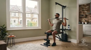 Fitness enthusiast performing lat pulldowns on a compact multi gym for small spaces in a compact London flat study room.