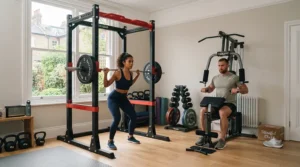 Infographic highlighting cable exercise options on a multi gym versus free weight compound lifts like squats on a power rack.