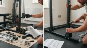 Illustration showing the assembly process of a modular power rack compared to a cable-pulley multi gym system.