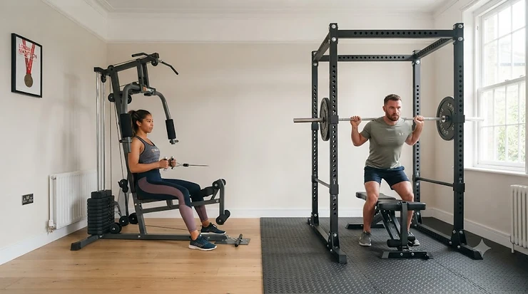 A side-by-side comparison of a home gym featuring a compact multi gym and a heavy-duty power rack with an Olympic barbell, designed for UK fitness enthusiasts comparing equipment. multi gym vs power rack