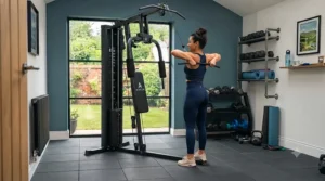Close-up of the adjustable cable pulley system on an all-in-one gym station for home strength training.