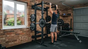 A person performing a barbell squat safely inside a wall-mounted power rack within a compact home gym.