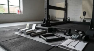 Various steel power rack attachments including dip handles and a landmine row attachment resting nearby.