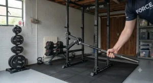 Close-up of safety pin-pipe spotter arms and J-cups installed on a sturdy steel power rack for safe solo lifting.