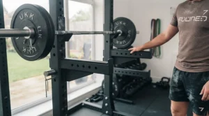 Close-up of safety spotter arms on a squat rack for secure solo lifting