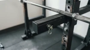 Close-up of safety spotter arms on a home gym power rack designed for safe heavy lifting.