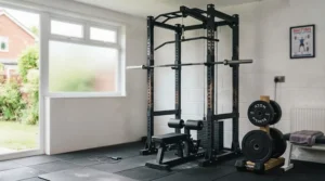Power rack equipped with a high and low cable pulley attachment for versatile home workouts.