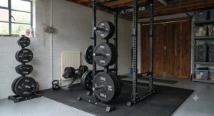 Olympic weight plates neatly organised on storage horns at the rear base of a robust steel power rack.