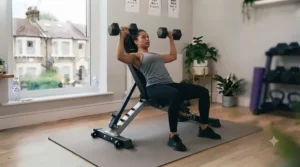 Lifter doing a seated shoulder press using a weight bench with back support.