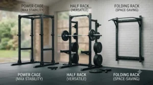 A wall-mounted folding squat rack folded flat against a wall, ideal for compact UK home gyms and spare rooms.