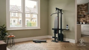 Folding design mechanics of a compact multi gym for small spaces showing the equipment safely tucked away against a wall.