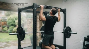 A beginner using a sturdy squat rack with a barbell safely set up in a home gym, representing the best squat rack for beginners in the UK.
