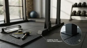 Close-up of safety spotter arms and pin-pipe safeties on a beginner squat rack to ensure safe solo workouts at home.