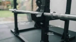 Multi-grip pull-up bar integrated into the top of a beginner squat rack for added upper body exercises.