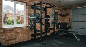 Close-up of the integrated pull-up bar on a heavy-duty wall-mounted power rack for small spaces.