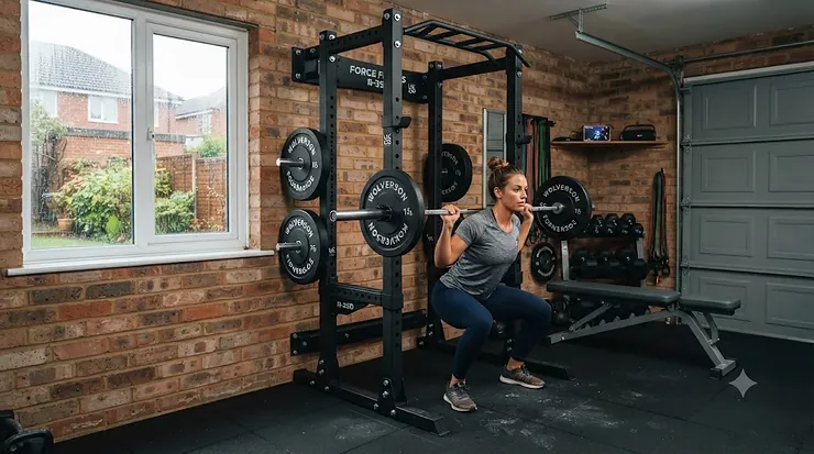 A sturdy wall-mounted power rack installed in a compact UK home gym setup, ideal for small spaces like spare rooms and garages. wall-mounted power rack for small spaces