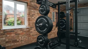 Weight plate storage pegs attached to a wall-mounted power rack to keep a small workout area tidy.