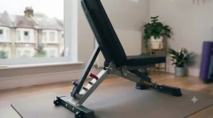 Clear view of a secure locking pin mechanism on an adjustable beginner weight bench.