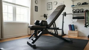 An adjustable olympic weight bench for home gym configured for incline pressing during a heavy resistance session.