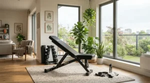 A space-saving adjustable weight bench for home gym placement in a modern flat.