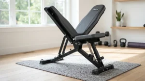 Chest and shoulder training session using an adjustable weight bench for home gym sessions.