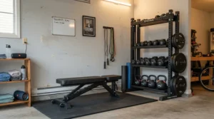 A compact adjustable weight bench for home gym storage inside a tidy suburban garage.
